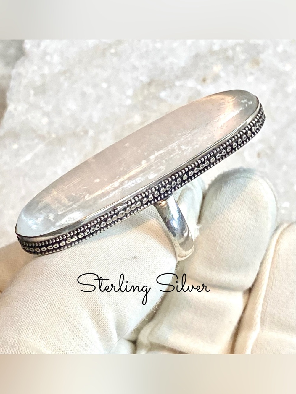 Sterling Silver White Selenite Long Oval Statement Ring